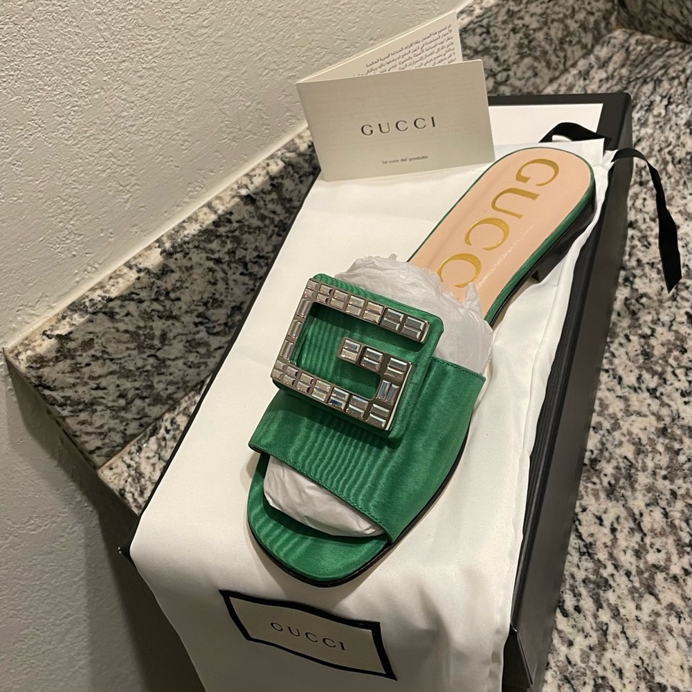 Gucci Moire Fabric Crystal G Madalyn Shamarock Sandals